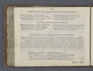 LI. Populus Israelis pascitur manna. The People of Israël are fed with Manna. De Kinderen Israëls verkrijgen het Manna uyt den Hemel.
