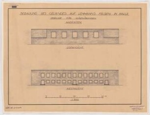 Bebauung von Lehmanns Felsen, Halle/Saale: Gebäude für Leibesübungen, O- und W-Ansichten 1:200