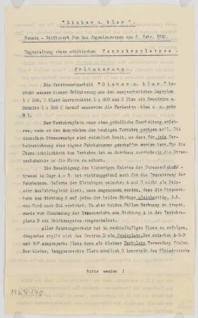 Umgestaltung eines Verkehrsplatzes Monatskonkurrenz Februar 1930: Erläuterungsbericht, 2 S.