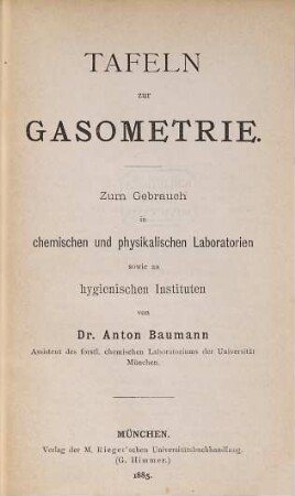 Tafeln zur Gasometrie : zum Gebrauch in chemischen und physikalischen Laboratorien sowie an hygienischen Instituten