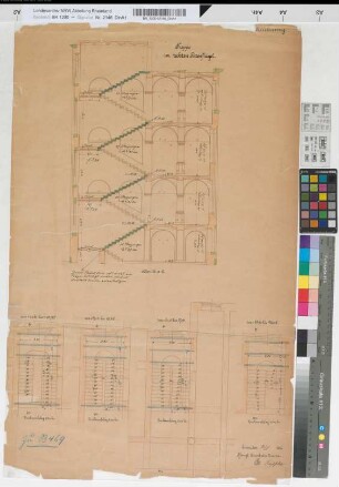 Geschäftsgebäude der Kgl. Eisenbahndirektion Essen: Treppe im rechten Seitenflügel: Schnitt, Aufsicht der Treppenteile [Linoleumbelag], M. 1:50 Hgv, Sknr.: 1, Fanr.: 11, Bunr.: 17