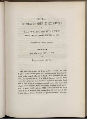 SULLA CIRGOSCRIZIONE GIVILE ED EGCLESIASTIGA E SULLA POPOLAZIONE DELLA CITTÄ DI NAPOLI DALLA FINE DEL SECOLO XIII FINO AL 1809