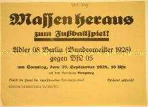 Aufruf der oppositionellen Arbeitersportler zum Fußballspiel der Begegnung Adler 08 Berlin gegen VfL 05 in Hamburg-Altona im September 1929