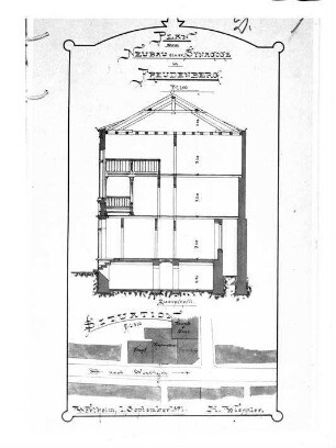 Freudenberg, TBB; Synagoge, Schnitt und Lageplan (Bauplan von 1891)
