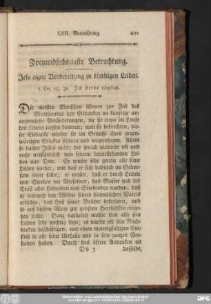 Zweyundsechszigste Betrachtung. Jesu eigne Vorbereitung zu künftigen Leiden.