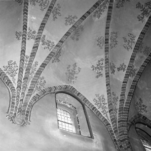 Strausberg, Predigerstraße 2. Marienkirche (um 1250, 1341/1342 Renovierung, ab 1448 Umbau). Detail: Gewölbeansatz und Deckenmalerei im Seitenschiff. Ansicht mit einem Fenster