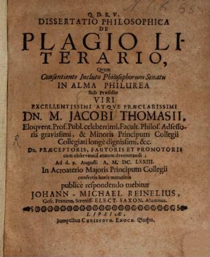 Dissertatio Philosophica De Plagio Literario