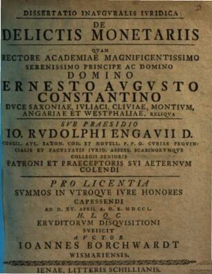 Dissertatio Inavgvralis Ivridica De Delictis Monetariis