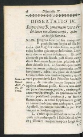 Dissertatio IV. Imperium Romanum verae Fidei lumen non aliunde accepit, quàm ab Ecclesia Romana