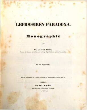 Lepidosiren Paradoxa : Monographie ; mit fünf Kupfertafeln