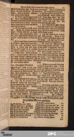 Register der Gesänge/ nach dem Alphabet/ auf die Zahl der Blätter gerichtet.