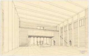 UFA (Universum Film AG), Potsdam-Babelsberg: Perspektivische Innenansicht der Ausstellungshalle
