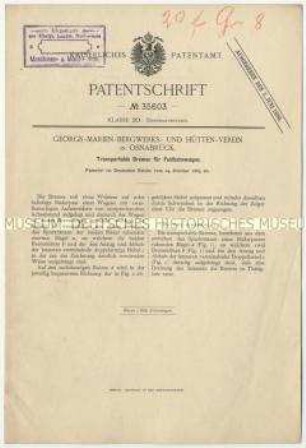 Patentschrift einer transportablen Bremse für Feldbahnwagen, Patent-Nr. 35603