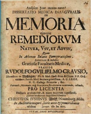 Diss. med. inaug. de memoria, eiusque remediorum natura, usu et abusu