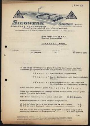 Firmenbriefkopf Siegwerk Gebr. Schuppener, Metallwarenfabrik und Emaillierwerk