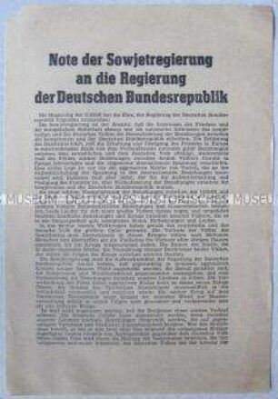 Sonderdruck mit dem Wortlaut einer Note der Regierung der UdSSR an die Bundesregierung über die Aufnahme diplomatischer, kultureller und Handelsbeziehungen