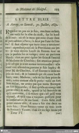 Lettre DLXIX. A Auray, ce Samedi, 30. Juillet, 1689