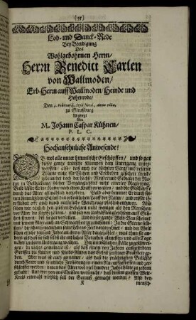 Lob- und Danck-Rede Bey Beerdigung Des Wohlgebohrnen Herrn, Herrn Benedict Carlen von Wallmoden [...]