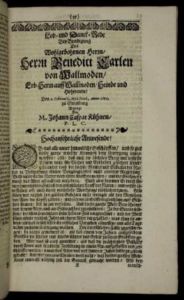 Lob- und Danck-Rede Bey Beerdigung Des Wohlgebohrnen Herrn, Herrn Benedict Carlen von Wallmoden [...]