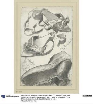 Männerstelzschuh von Anfang des 17. Jahrhunderts und zwei Frauenüberschuhe mit Eisengestell aus dem 18. Jahrhundert, Historisches Museum, Dresden