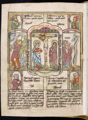 (1) Propheten-Brustbilder; (2) Antitypus: Maria und Johannes unter dem gekreuzigten Christus; Typen: (3) Abraham opfert Isaak; (4) Aufrichtung der ehernen Schlange