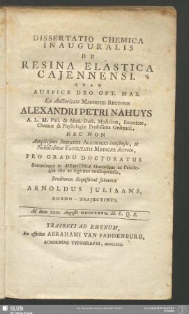 Dissertatio Chemica Inauguralis De Resina Elastica Cajennensi