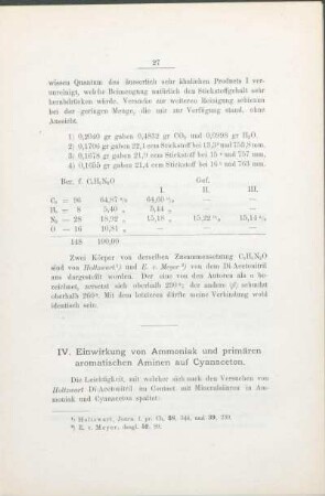 IV. Einwirkung von Ammoniak und primären aromatischen Aminen auf Cyanaceton.