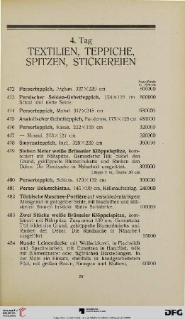 4. Tag. Textilien, Teppiche, Spitzen, Stickereien (Nr. 472-670a)