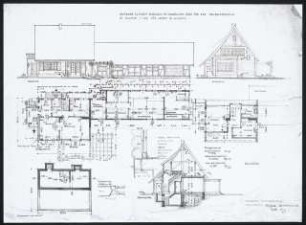 Ländliches Wohnhaus für Herrn Sczesny, Kolberg: Ansicht Westseite und Südseite, Grundrisse KG, DG, EG und Querschnitt
