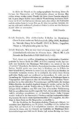 Staisch, Erich :: Die elektrische S-Bahn in Hamburg, Chronik eines modernen Verkehrsmittels : Hamburg, Stilke, 1959