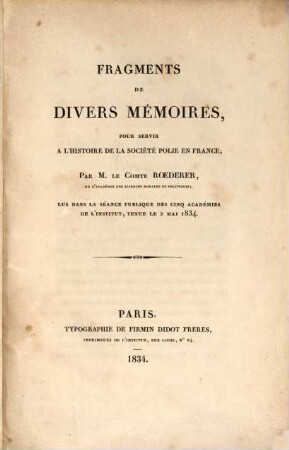 Fragments de divers mémoires pour servir à l'histoire de la société polie en France