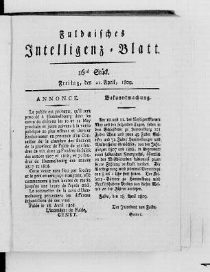 16tes Stück, Ausgabe vom 21. April 1809