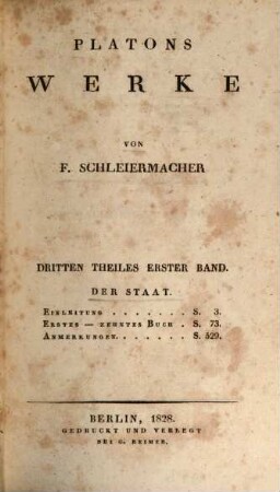 Platons Werke, Th. 3, Bd. 1. Der Staat