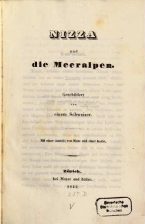 Nizza und die Meeralpen geschildert von einem Schweizer : V. Heinr. Schinz?