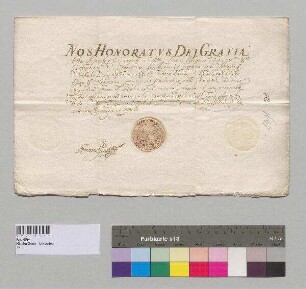 Abt Honoratus von Kloster Seeon stellt dem Subprior Franziskus Ölperl und seinem Diener einen Passierschein für die Reise nach Österreich aus. S: Abt Honoratus v. Kloster Seeon