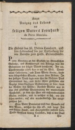 Kurzer Auszug des Lebens des seligen Vaters Leonhard da Porto Maurizio