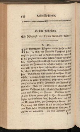 Sechste Abtheilung. Die Phylogurgie oder Chemie brennbarer Körper.