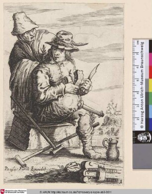 [Sitzender Bettler mit Holzbein; Seated beggar with peg leg and holding knife in right hand]