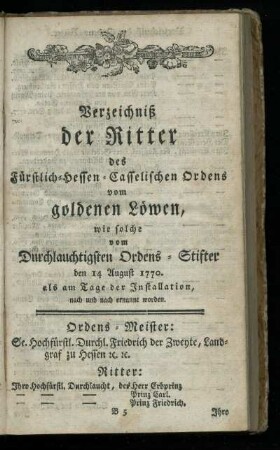 Verzeichniß der Ritter des Fuerstlich-Hessen-Casselischen Ordens vom goldenen Loewen