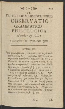 VI. Friderici Ioachimi Schnobel Observatio Grammatico-Philologica ad verba: Ps. VIII. 2.
