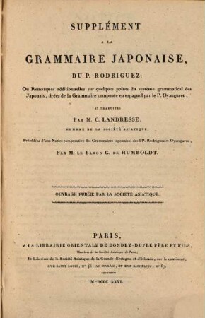 Supplement à la Grammaire Japonaise