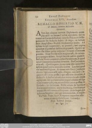 Epistola XVI. Bruxellam. Remaclo Robertio V. N. & Amico, Annonae Militaris Curatori.