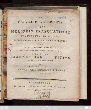 De Pecvniae Deterioris Atqve Melioris Exaeqvatione Praesertim In Mvtvo : Dissertatio Ivris Natvrae Politici