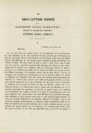Dieci lettere inedite di Giuseppe Luigi Lagrange scritte al Matematico Veronese Antoni Maria Lorgna.