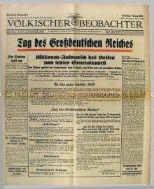 Tageszeitung "Völkischer Beobachter" u.a. mit der Ankündigung einer Propagandaveranstaltung zum Anschluss Österreichs an das Deutsche Reich