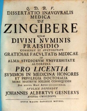 Dissertatio Inavguralis Medica De Zingibere