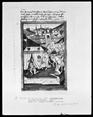 Weltchronik des Jansen Enikel — Ennius belagert Augsburg, Folio 84recto