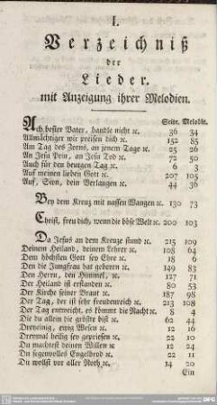 I. Verzeichniß der Lieder. mit Anzeigung ihrer Melodien