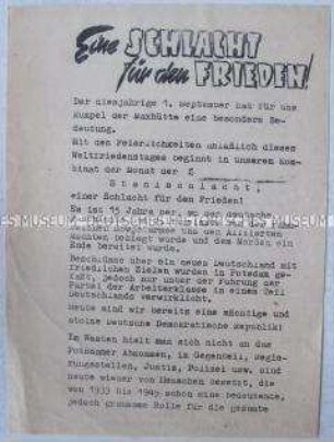 Hektografiertes Propagandaflugblatt einer Brigade aus der Maxhütte zum Weltfriedenstag 1960