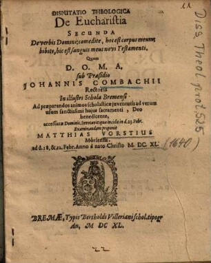 Disputatio Theologica De Eucharistia Secunda